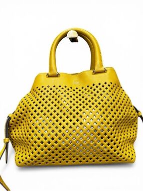 Bally New Piaffel Yellow Perforated Leather Satchel Suede Lined Tote